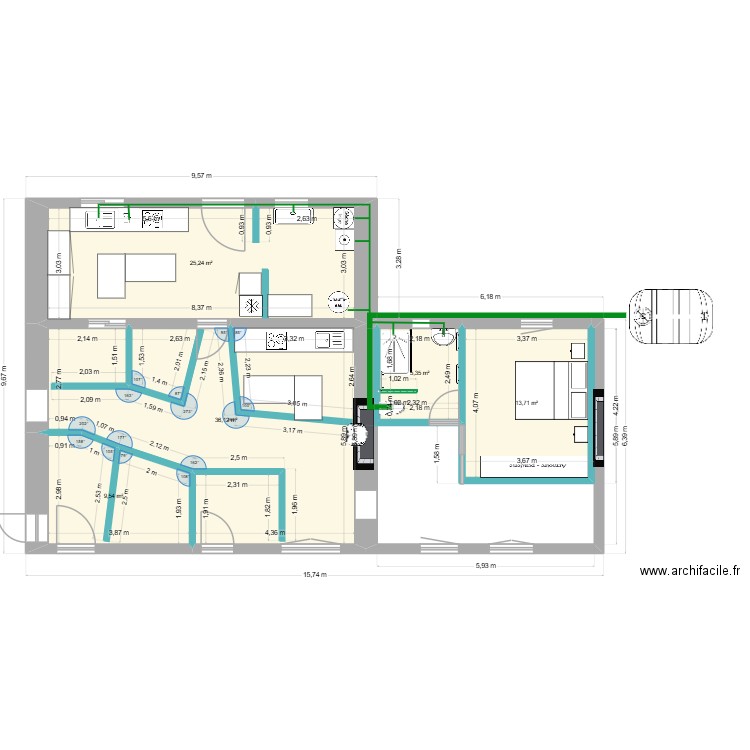 Salle de bain et cuisine évacuation. Plan de 5 pièces et 90 m2