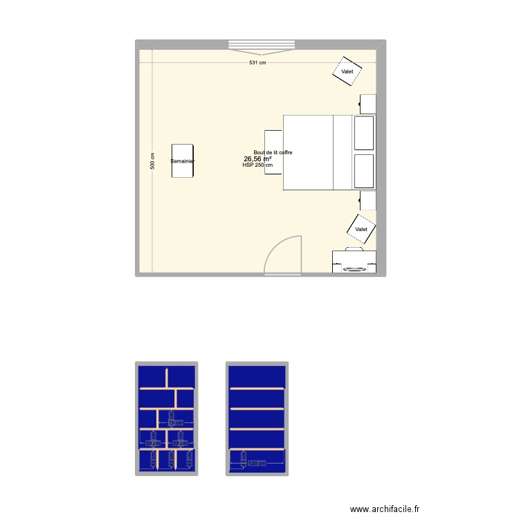 Chambre dressing et bibliothèque salon Vacher. Plan de 19 pièces et 38 m2