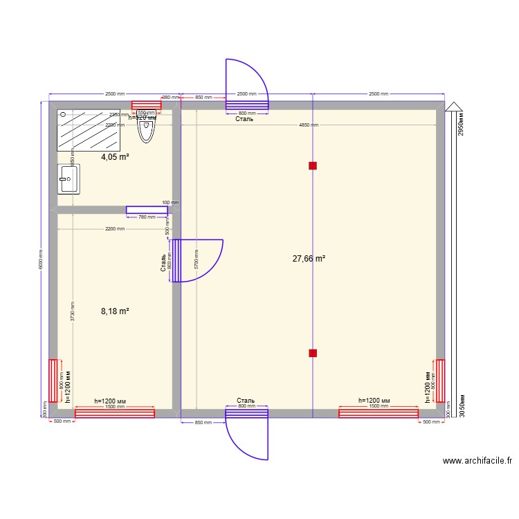 45 Коломна. Plan de 3 pièces et 40 m2