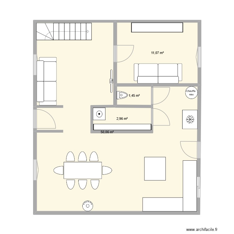 RDC a l\'echelle. Plan de 4 pièces et 66 m2