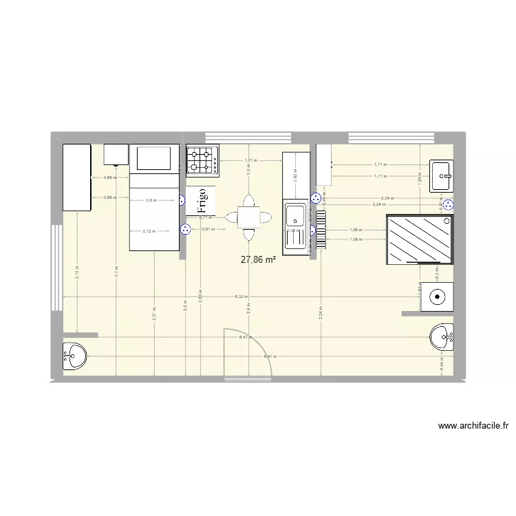 studio. Plan de 1  et 28 m²