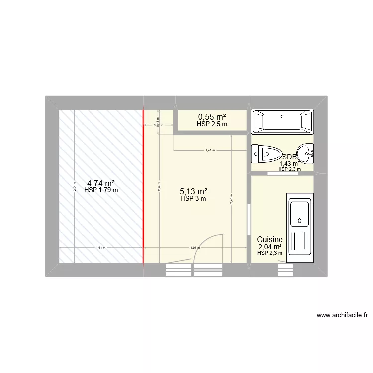 17b A.Moiti&eacute;. Plan de 5 pièces et 14 m²