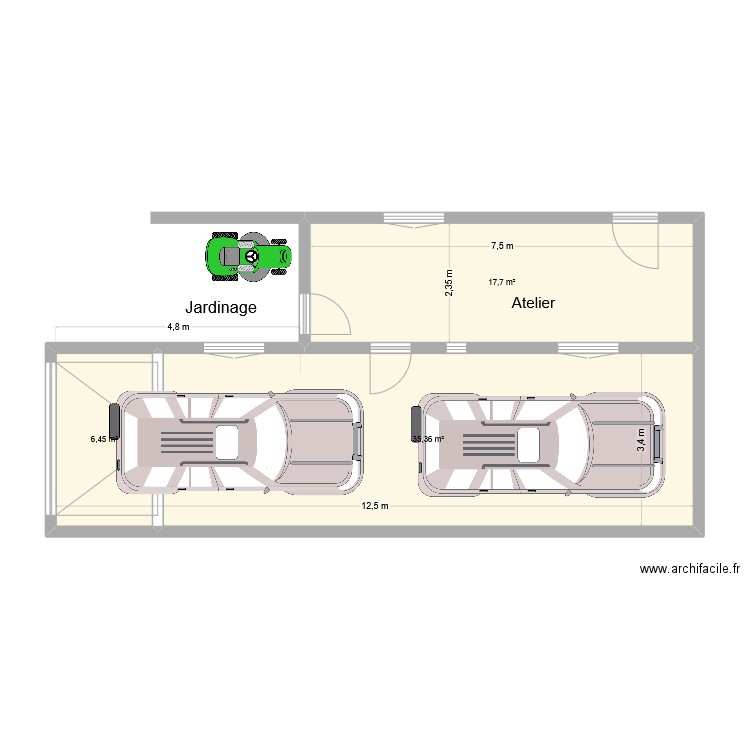 Garage Atelier. Plan de 3 pièces et 60 m2