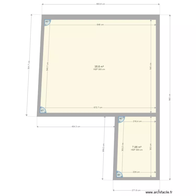 terrasse. Plan de 2  et 43 m²