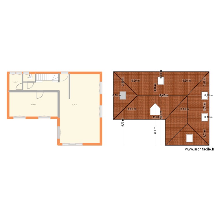 bas. Plan de 4 pièces et 75 m2
