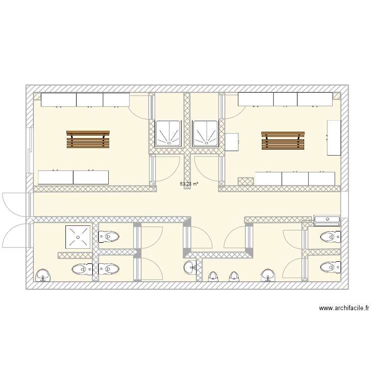 vestiaires MPA. Plan de 2 pièces et 63 m2