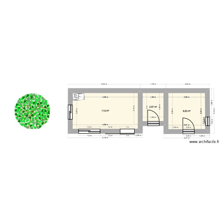 RDC_EXTENSION_PAVILLON_PG. Plan de 3 pièces et 21 m2