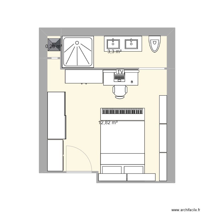 chambre. Plan de 3 pièces et 16 m2