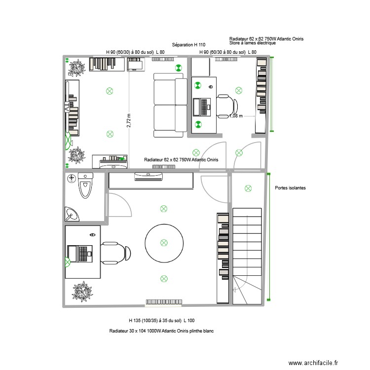 Salon et bureau 3 fenêtres symétriques. Plan de 4 pièces et 37 m2