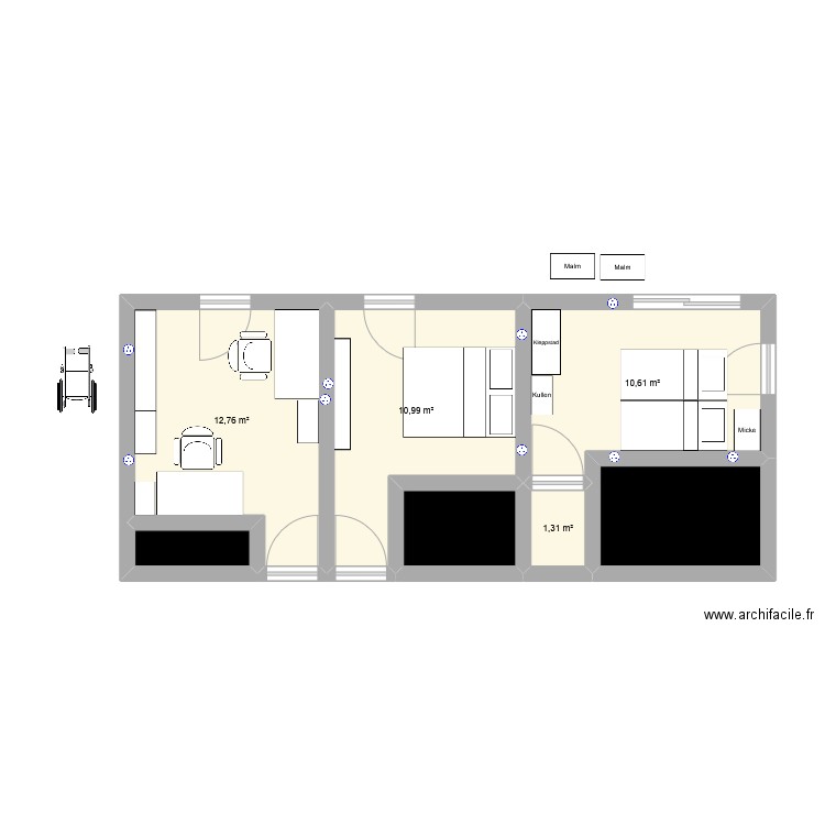 Chambres. Plan de 7 pièces et 45 m2