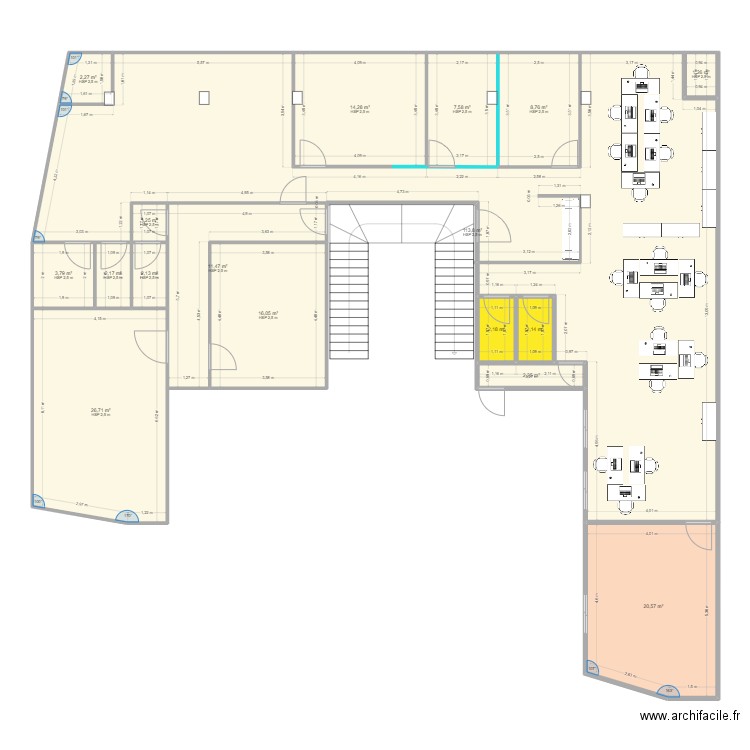 Bureau 2. Plan de 17 pièces et 239 m2
