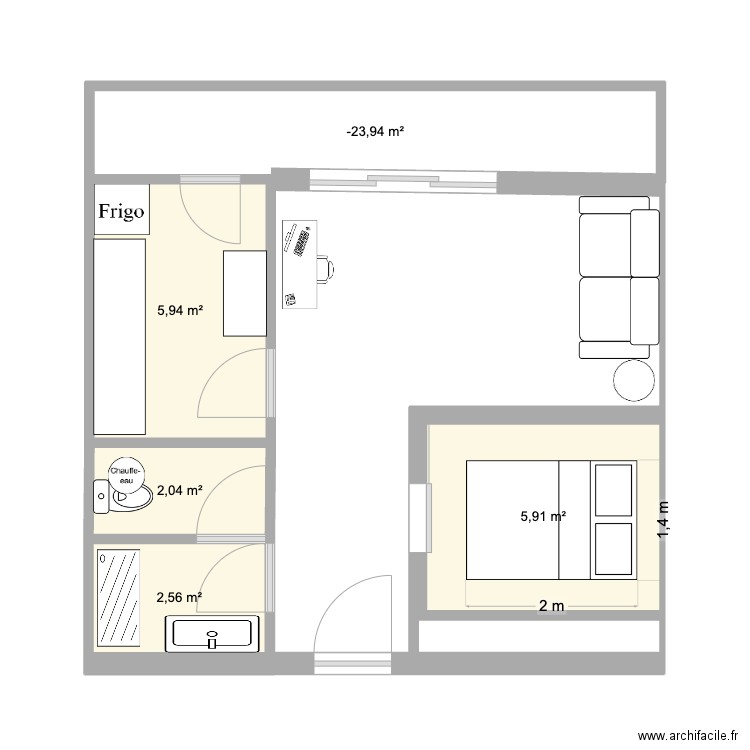 T1 Saint-André. Plan de 5 pièces et 23 m2