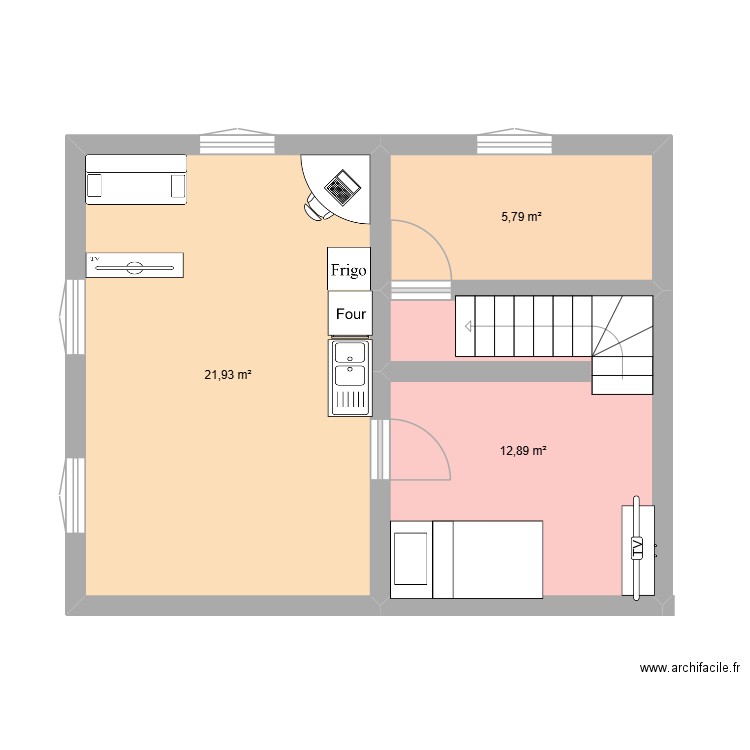 travaille. Plan de 3 pièces et 41 m2