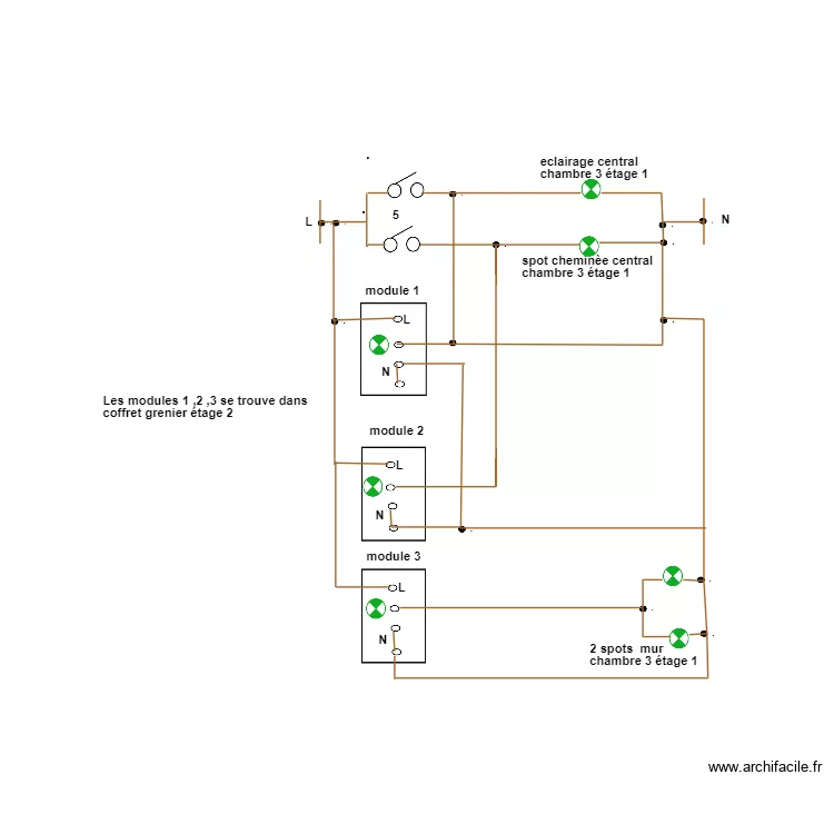 modules éclairage chambre 3 premier étage situé au grenier étage2. Plan de modules éclairage chambre 3 premier étage situé au grenier étage2. Plan de