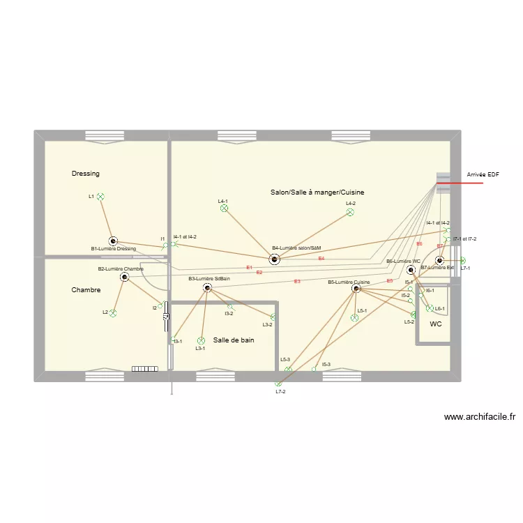 Plan maison Lou et Lucas-Sch&eacute;ma Eclairage g&eacute;n&eacute;ral. Plan de 5  et 59 m²