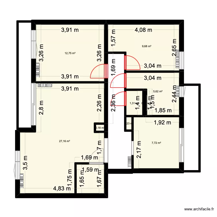 plan sans meubles. Plan de 9  et 65 m²