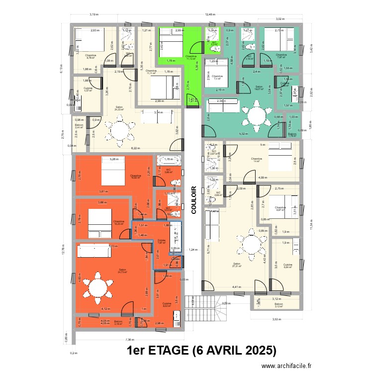 1ER ETAGE 6 AVRIL 2025. Plan de 29 pièces et 255 m2