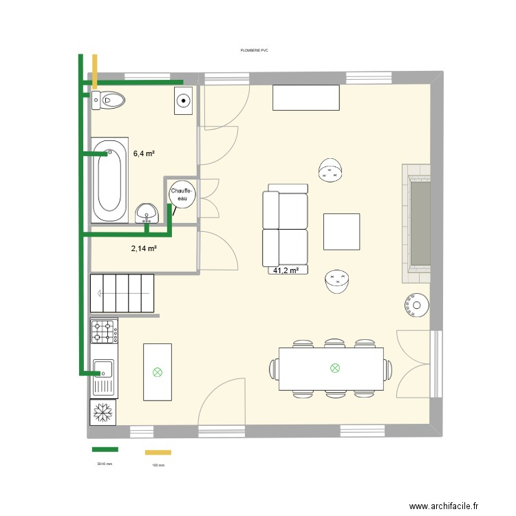 Mayres Plomberie PVC. Plan de 3 pièces et 50 m2