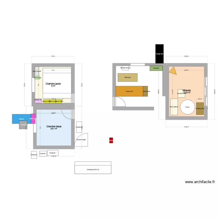 Location Maing - salle &agrave; manger dans v&eacute;randa. Plan de 3  et 30 m²