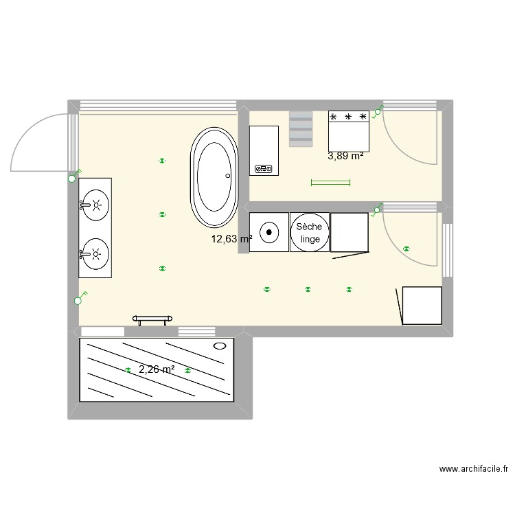 SDB. Plan de 3 pièces et 19 m2
