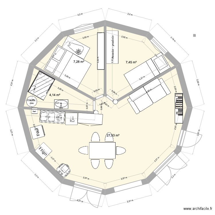 Notre yourte. Plan de 4 pièces et 46 m2