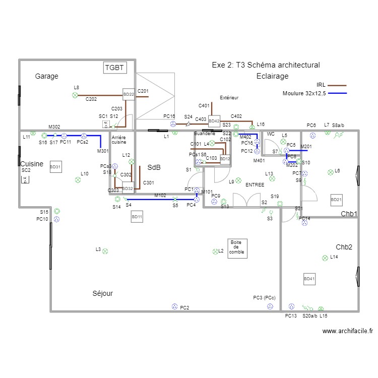 B1M2Op02-02Exe2T3SchArchiEclairage. Plan de 9 pièces et 171 m2