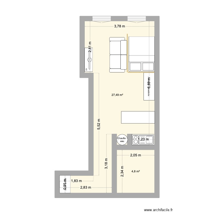 beau fleury. Plan de 2 pièces et 32 m2