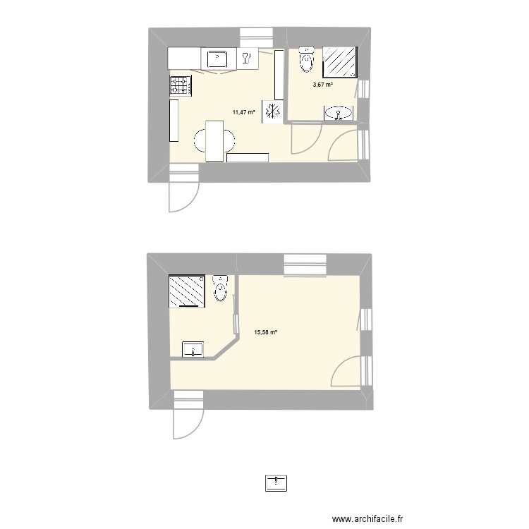 Cuisine Belle Ile. Plan de 3 pièces et 31 m2