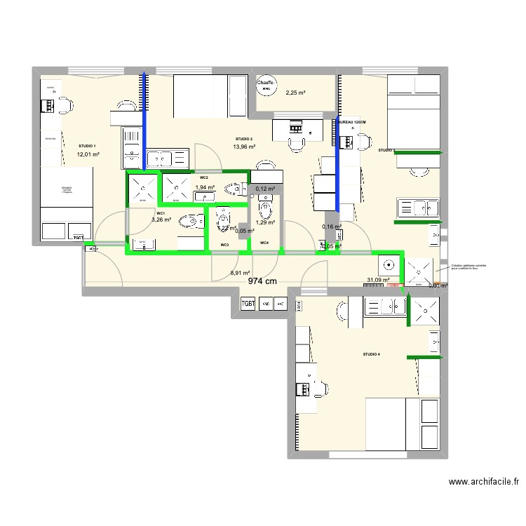 RICHELIEU VF APRES DEMOL. Plan de 14 pièces et 76 m2