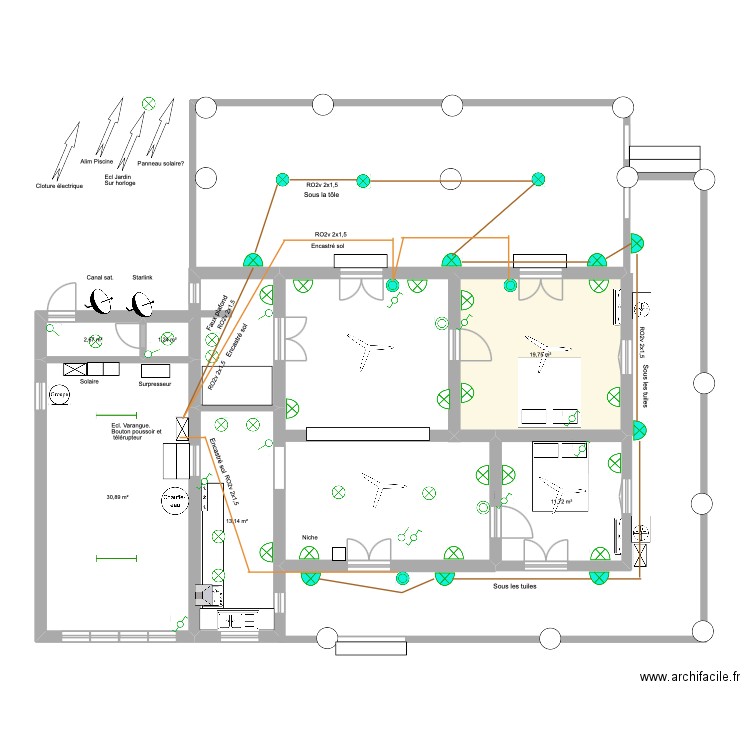 Maison Diégo. Ecl. varangue et terrasse.. Plan de 6 pièces et 79 m2