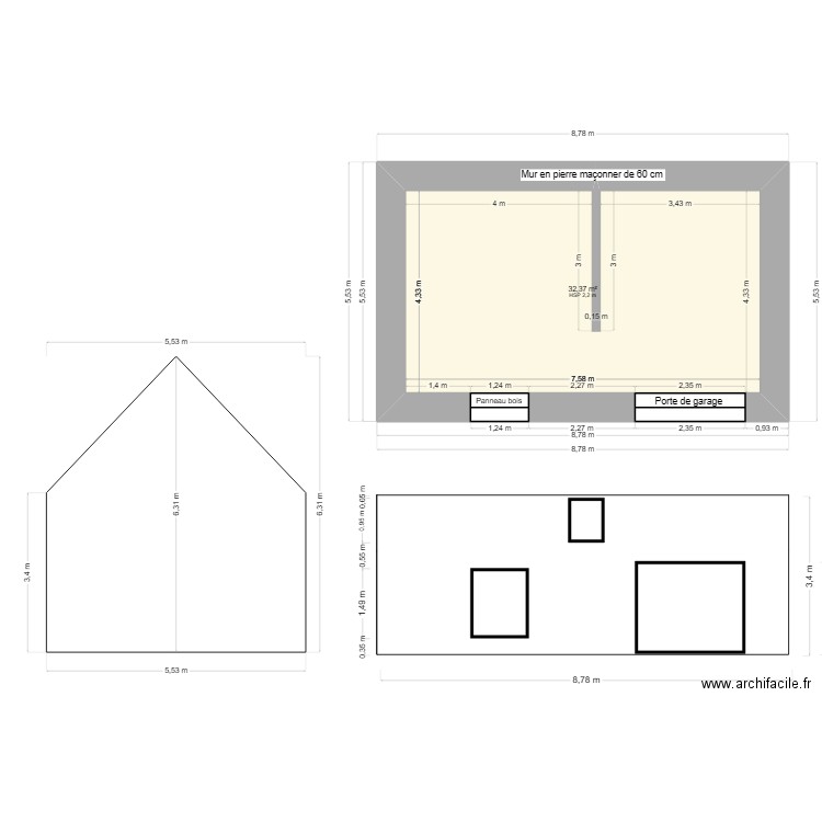 Plan coupe et façade. Plan de 2 pièces et 65 m2