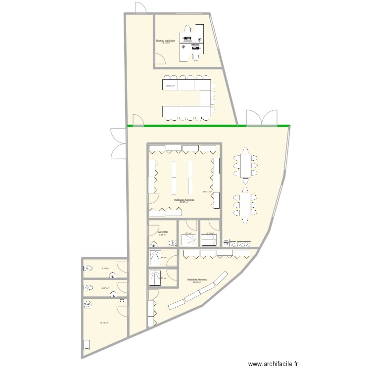 Locaux sociaux 7G. Plan de 13 pièces et 217 m2