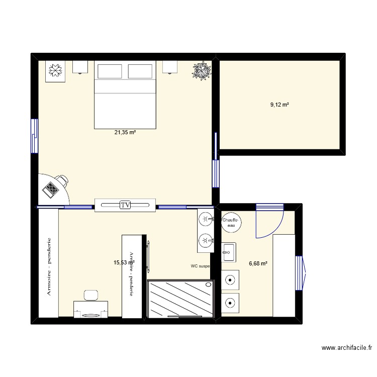 chambre. Plan de 4 pièces et 53 m2