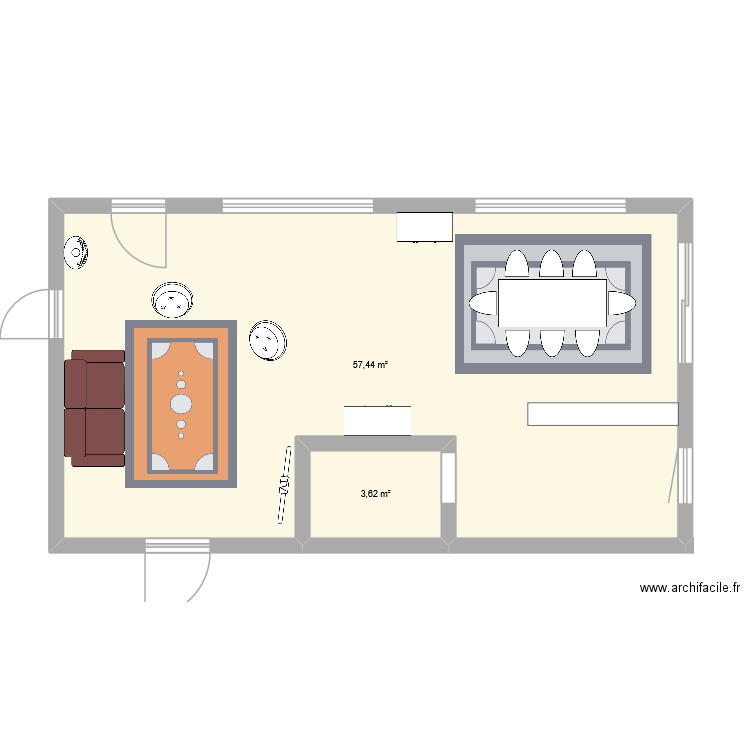 Living. Plan de 2 pièces et 61 m2