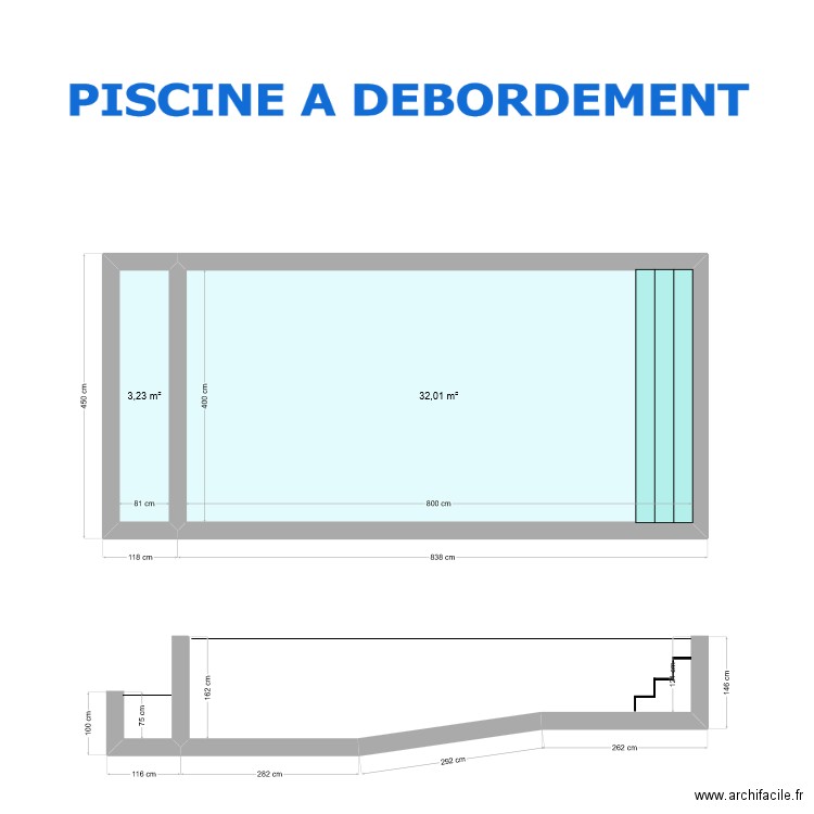 PISCINE A DEBORDEMENT 8 X 4. Plan de 2 pièces et 35 m2