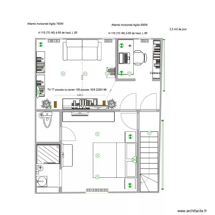 4. Salon et chambre 3 fen&ecirc;tres fauteuil parall&egrave;le fen&ecirc;tre. Plan de 3  et 37 m²