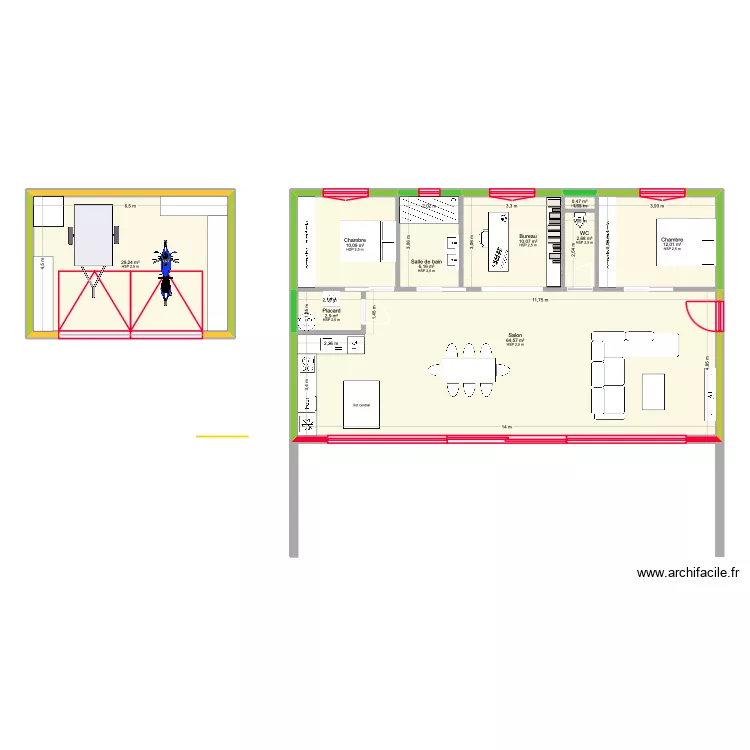 Maison 1. Plan de 9  et 138 m²
