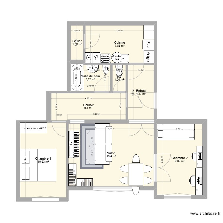 Appart 4ème étage. Plan de 9 pièces et 61 m2