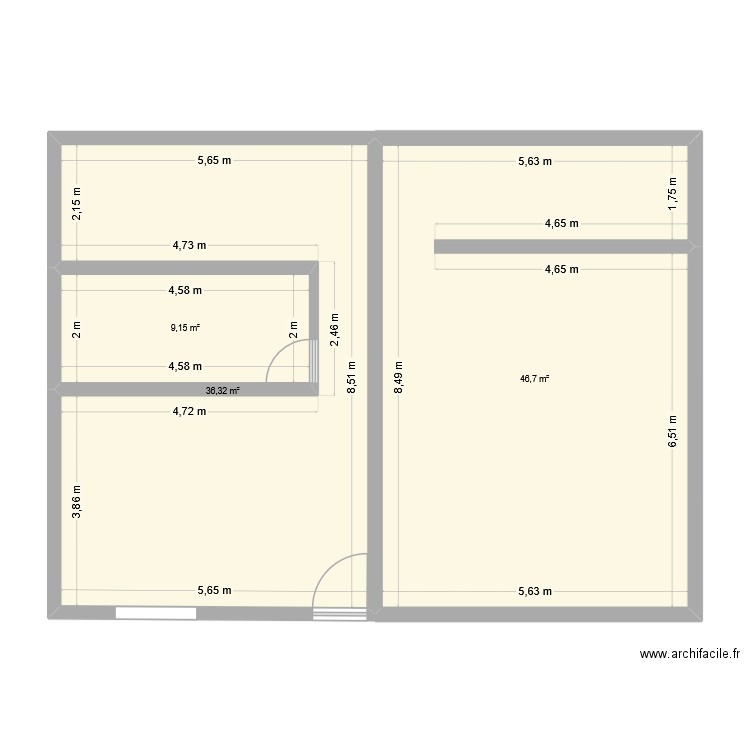 T1 essai. Plan de 3 pièces et 92 m2