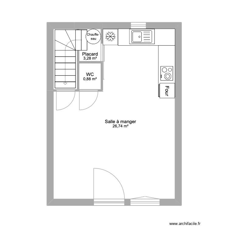 RDC. Plan de 3  et 31 m²