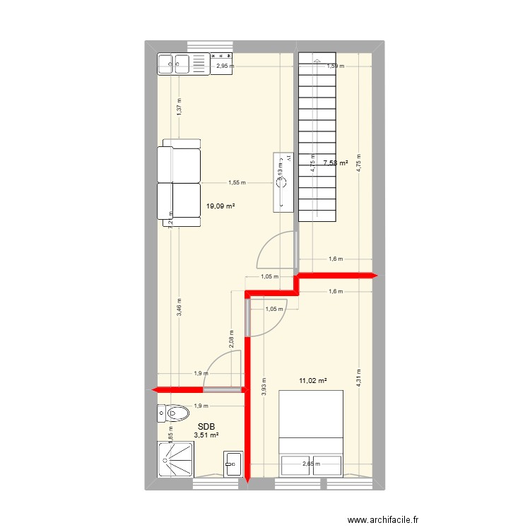 R+1 actuel. Plan de 4 pièces et 41 m2