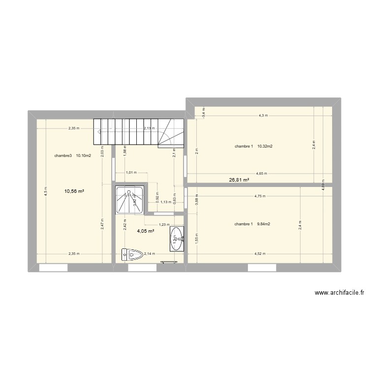 la hutte etage. Plan de 3 pièces et 41 m2