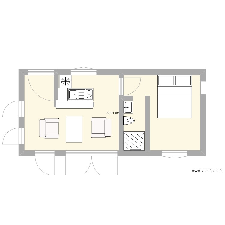 Pavillon sud option 1. Plan de 1 pièce et 27 m2