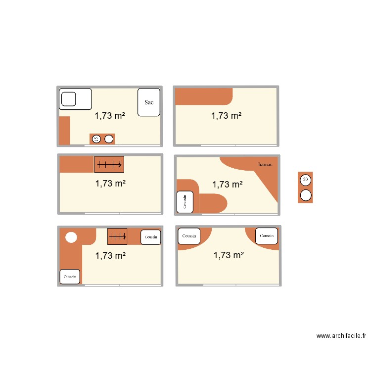 Box. Plan de 6 pièces et 10 m2