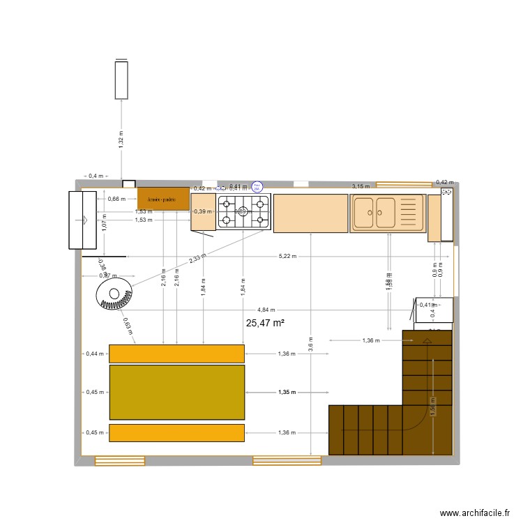 Longères v11 cuisine séjour - cotations fenêtre et poêle ok. Plan de 1 pièce et 25 m2