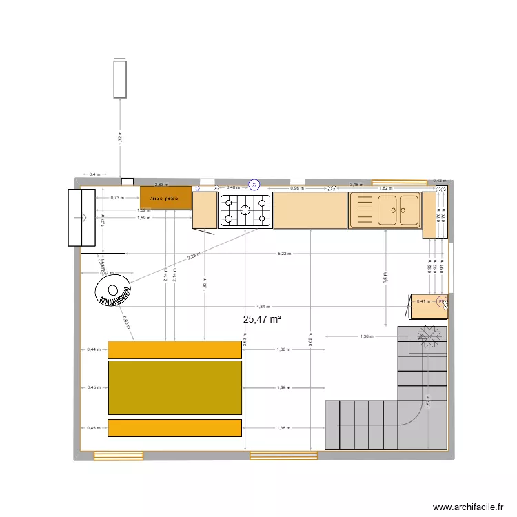 Long&egrave;res v11 cuisine s&eacute;jour - cotations fen&ecirc;tre et po&ecirc;le ok. Plan de 1  et 25 m²