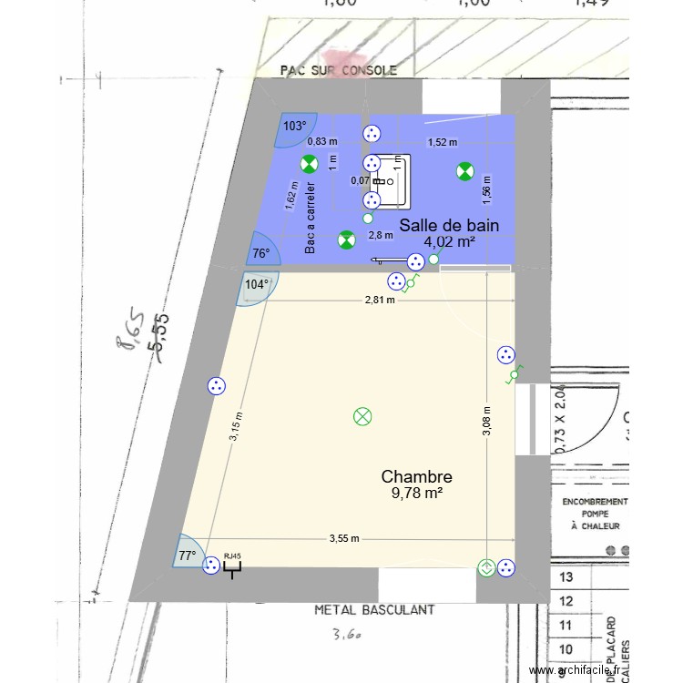 V2 elec. Plan de 3 pièces et 28 m2
