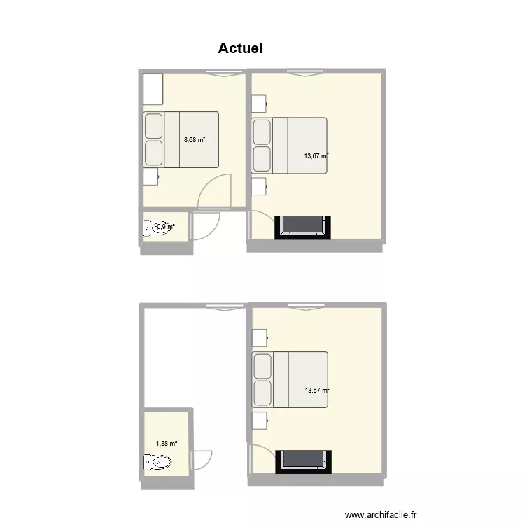 T1 avant apr&egrave;s. Plan de 5 Pièces et 39 m²