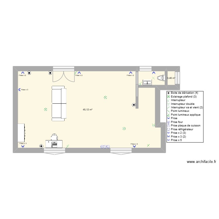 elec mérinchal. Plan de 2 pièces et 46 m2