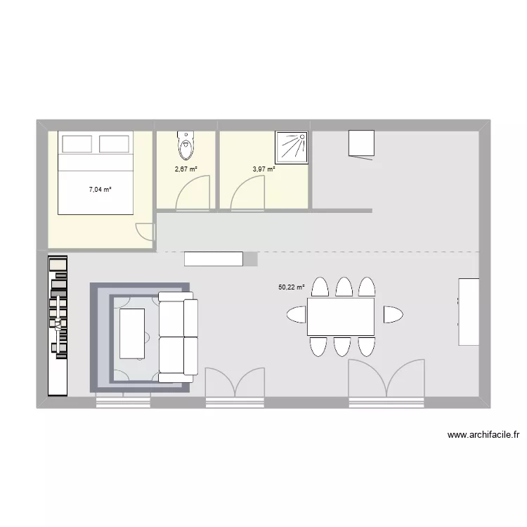 Salon c&eacute;dric v1. Plan de 4  et 64 m²